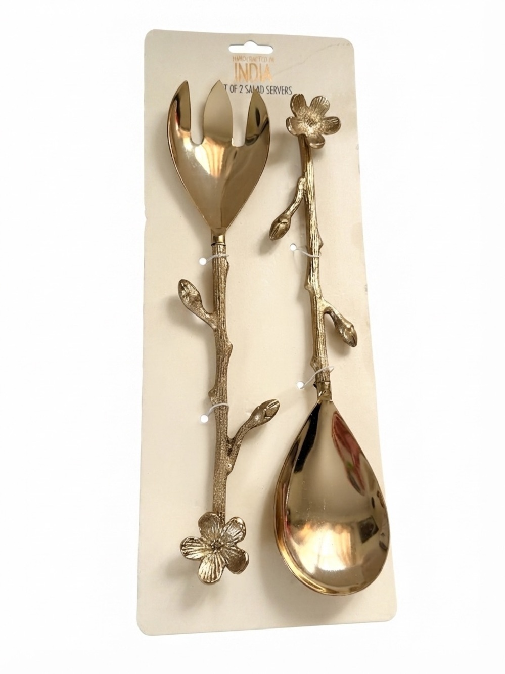 NWT Handcrafted in India Floral Salad Serving Set | Gold Branch & Blossom
